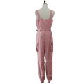 Fashion Women Cargo Jumpsuit Belt Sleeveless Overalls with Short Leash Pants